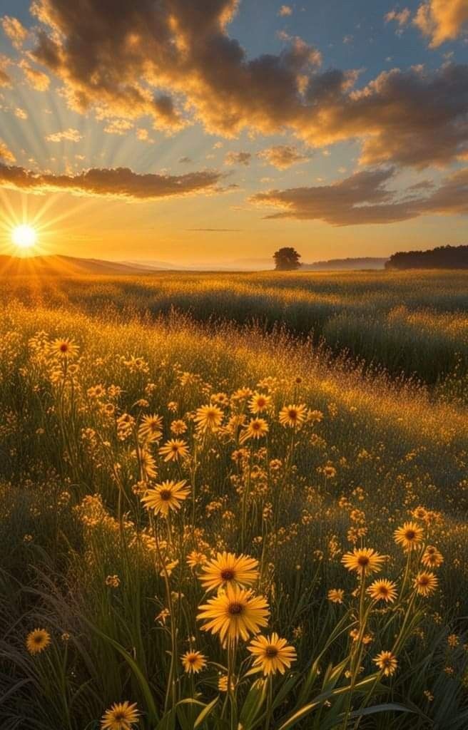 the sun is setting over a field full of daisies