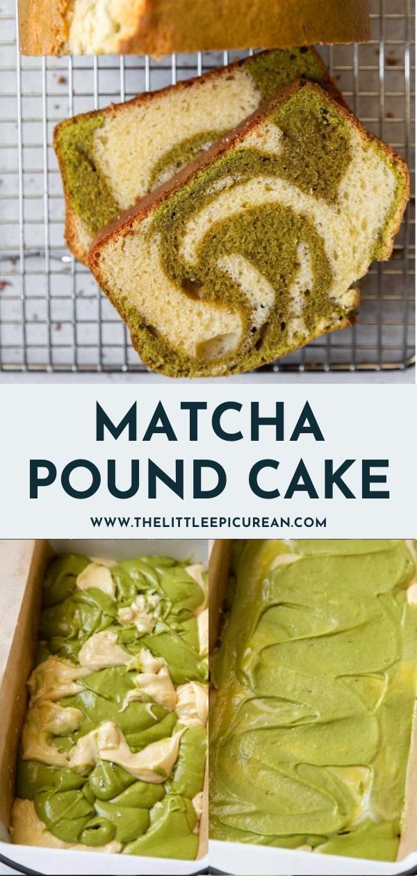 matcha pound cake with green frosting in a pan and on a cooling rack