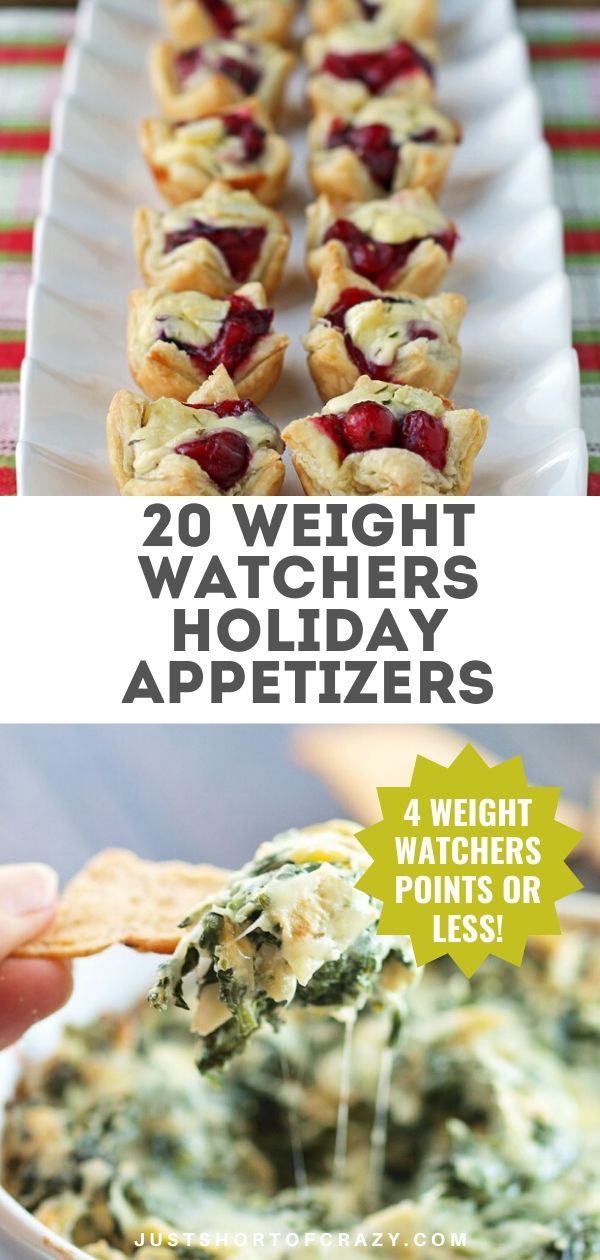 four different appetizers with text overlay that reads, 20 weight watchers'holiday appetizers