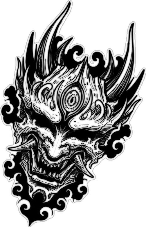 an ink drawing of a demon head