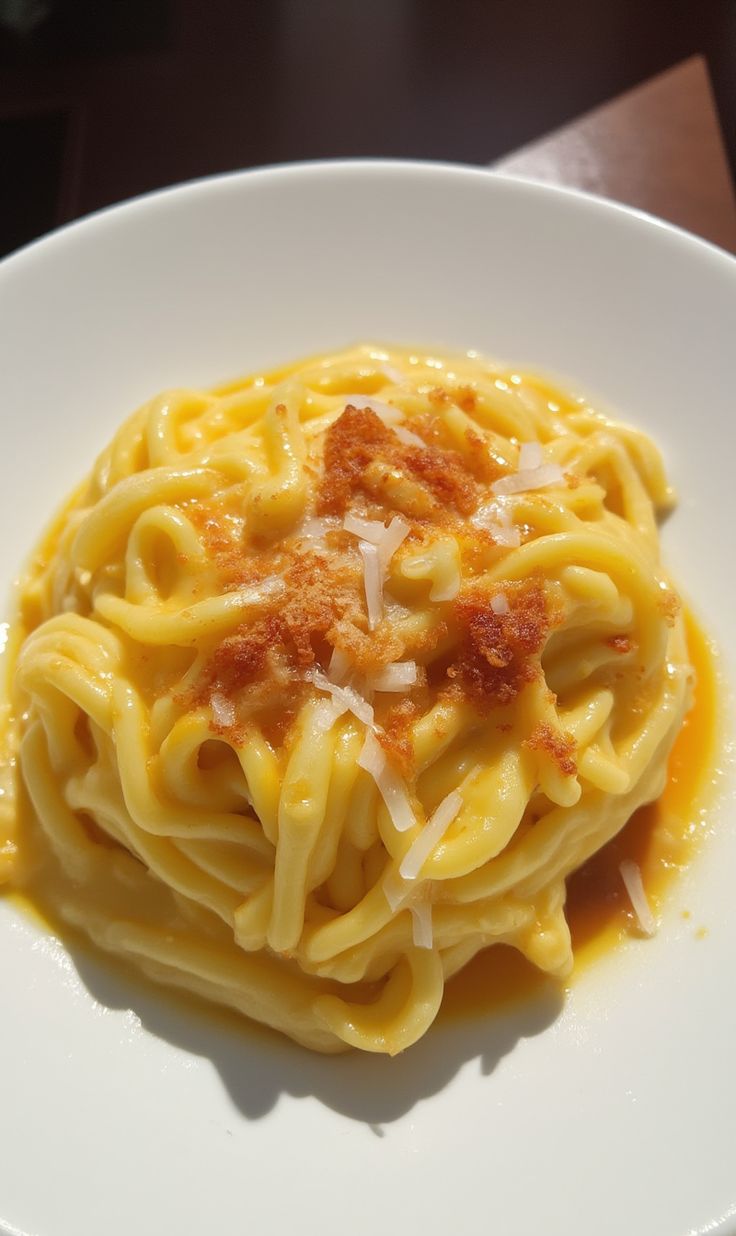 a white plate topped with pasta covered in sauce