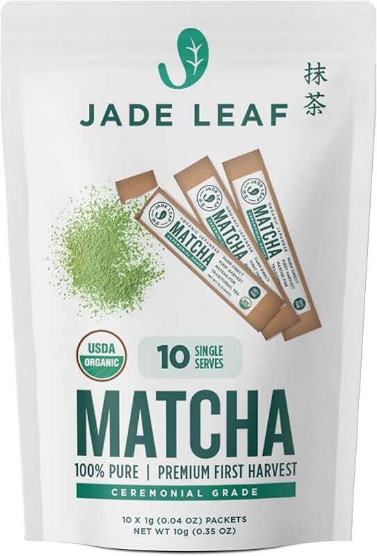 jade leaf matcha powdered tea bags with green tea leaves in the front and back