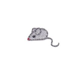 an embroidered mouse on a white background with red nose and tail, in the shape of a rat