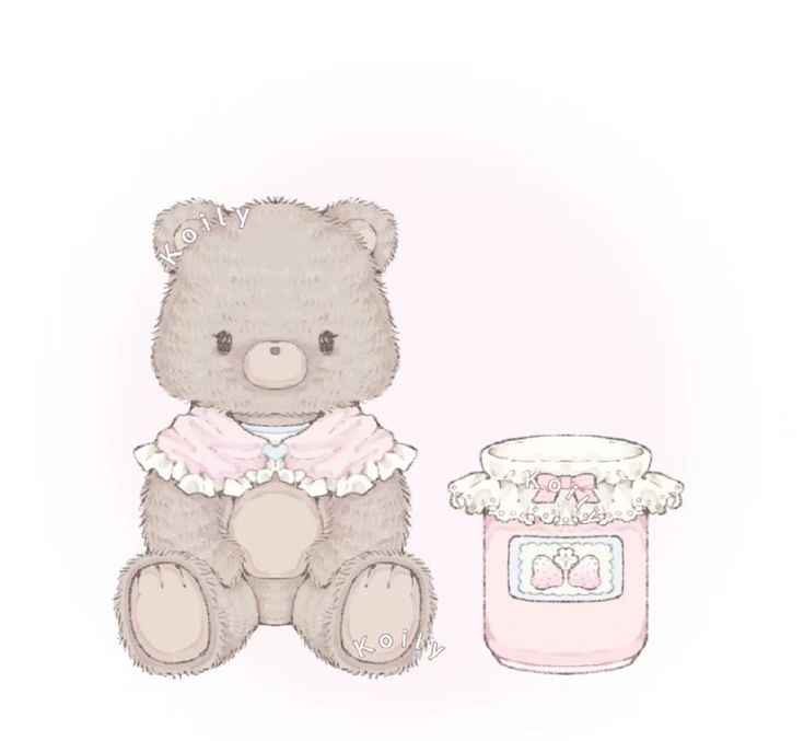 a brown teddy bear sitting next to a jar of baby powder on a pink background