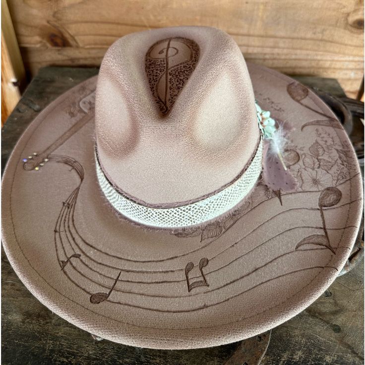 Final Clearance In Last Seasons Hats!!! Making Room For New Designs. Sassy Cactus’. “The Musician” Hand Burned And Lightly Distressed Vegan Wool, Soft Brimmed Hat Crystal Accents ‘Tips In A Jar, My Guitar, And An Old Barstool..’ Free Personalization For All The New Designs Or Custom Orders Please Visit My New Website Sassycactushatco.Com Mountain Burned Hat, Western Hats For Women Boho, Burned Hat Design, Burnt Hats, Cowboy Hats For Women, Cowboy Hat Crafts, Hand Painted Hats, Womens Western Hats, Burned Hats