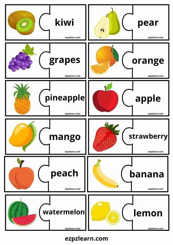 an image of fruits and vegetables that are labeled in the word fruit, which includes grapes, pineapple, mango, watermelon, lemon, kiwi