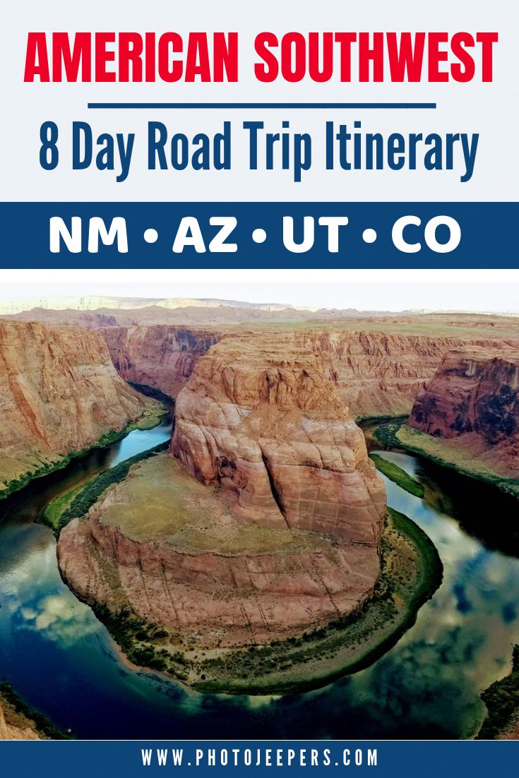 the cover of an american southwest 8 day road trip itinerary, nm az ut co