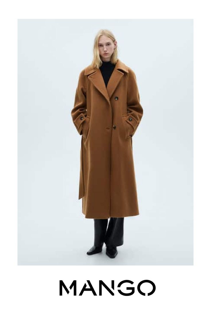 Wool mix fabric, Oversize design, Long design, Lapel-collar V-neck collar, Long sleeve, Sleeves with button closure, Button fastening on the front section, Inner lining, The model is 1.78 tall and is wearing a size 36 Mango Wool Coat, Brown Double-breasted Wool Coat, Brown Double-breasted Wool Coat With Double Button, Long Camel Coat, Luxury Brown Double-breasted Wool Coat, Brown Double-breasted Wool Outerwear, Coat With Belt, Belt Brown, Camel Coat