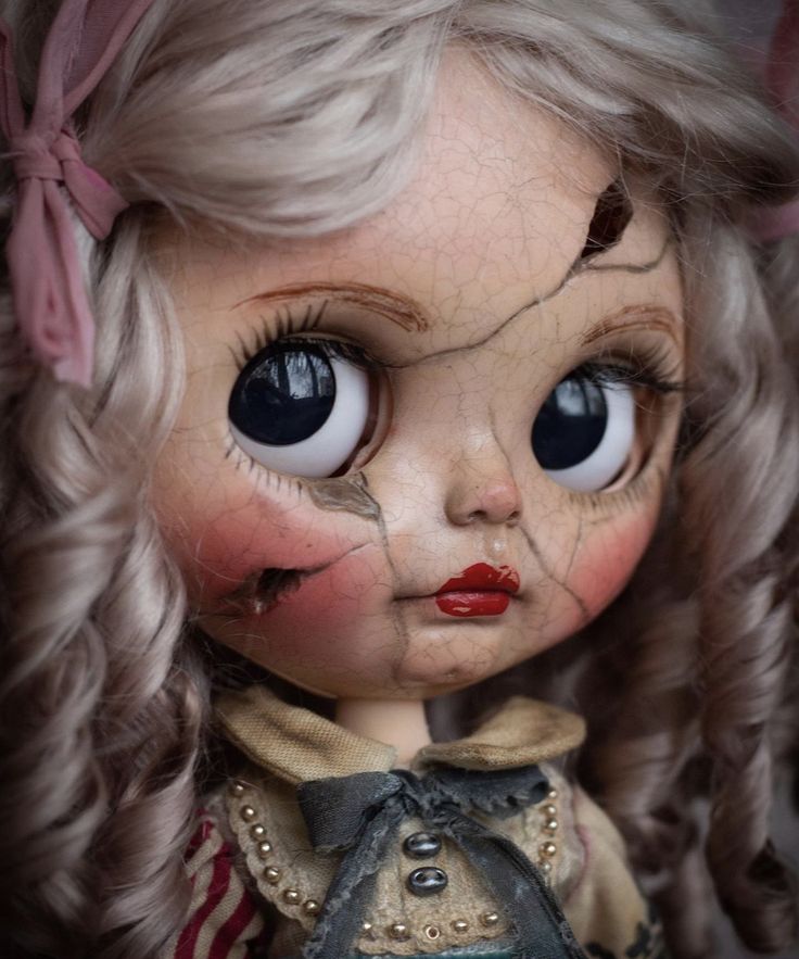 an old doll with long hair and big eyes