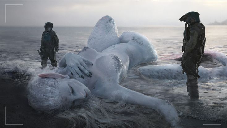 two people standing in the water near an icy woman