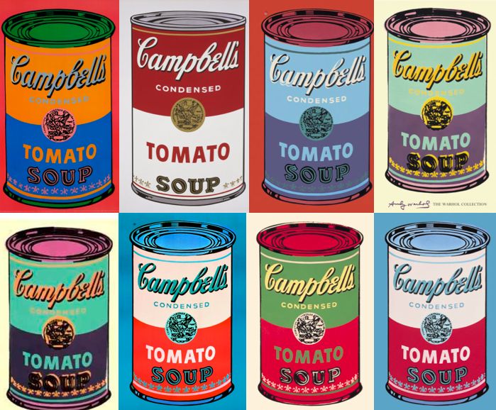 six cans of soup are shown in different colors and sizes, with the words campbell's on them