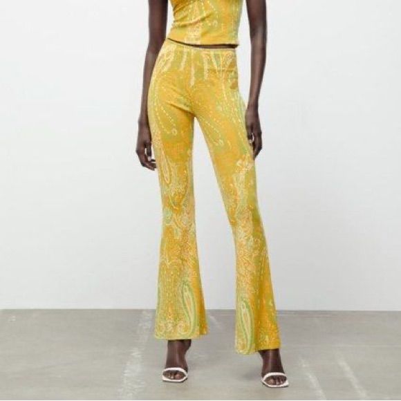 Nwt Zara Firfirli Jakarli Yellow Green Paisley Stretchy Flare Pull On Pants. Size S. Available In Size Small With A 32 Inch Inseam, These Pants Fit True To Size And Are A Must-Have Addition To Any Fashion-Forward Woman's Closet. Yellow Wide Leg Summer Sets, Yellow Wide Leg Sets For Summer, Fitted Ankle-length Pants Sets For Spring, Gold Long Pants For Summer, Fitted Gold Sets For Summer, Chic Mustard Trousers, Casual Yellow Stretchy Sets, Casual Yellow Stretch Sets, Chic Yellow Bottoms For Spring