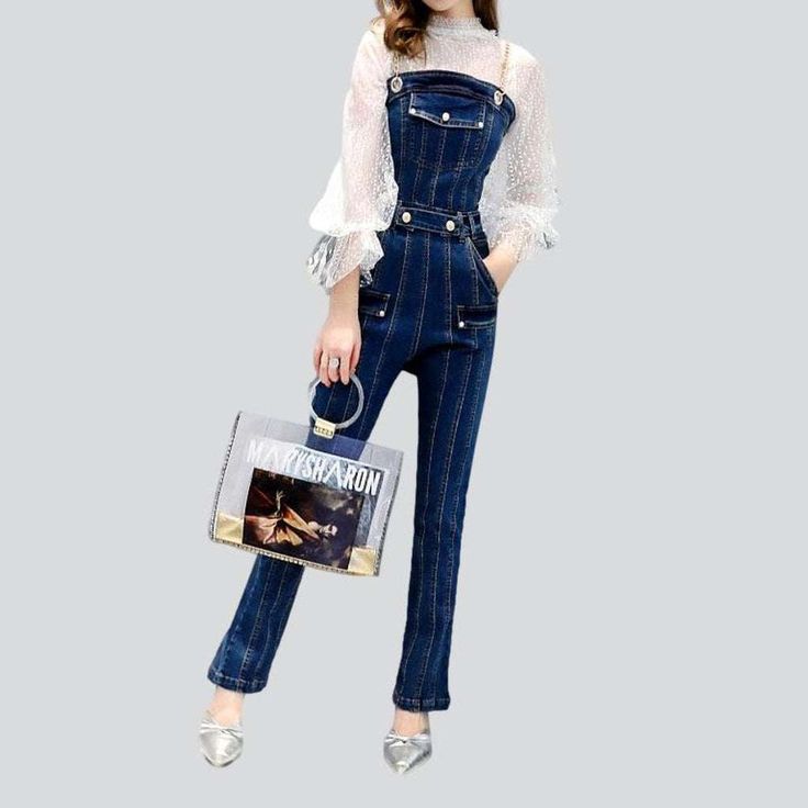 Unleash your fashion-forward trend with our 2023 Autumn Collection dark wash denim dungaree! With its slim fit and suspenders closure. this timeless piece is perfect for making a bold statement this season. Crafted from luxe denim and featuring a retro-meets-modern design. it's an expression of your unique confidence.Why This Dungaree is a Fashion Must-HaveBe a trendsetter this season with this chic and sophisticated dungaree. Its slim fit and dark wash will add an effortlessly stylish touch to Chic Dark Wash Denim Overall Jumpsuit, Chic Dark Wash Straight Leg Denim Jumpsuit, Chic Dark Wash Denim Jumpsuit, Denim Jumpsuits And Rompers With Suspenders, Chic High-waist Denim Blue Overalls, Denim Blue Jeans Overalls With Suspenders, Trendy Denim Overall Jumpsuit With Suspenders, Fitted Denim Bottoms With Suspenders, Chic High Waist Dark Wash Overalls