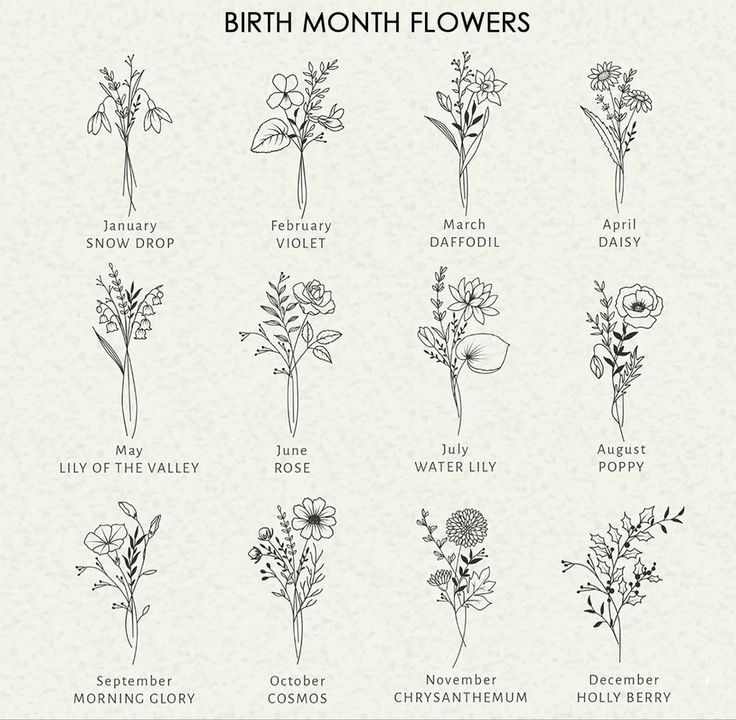 the different types of flowers are shown in black and white, with text that reads birth month