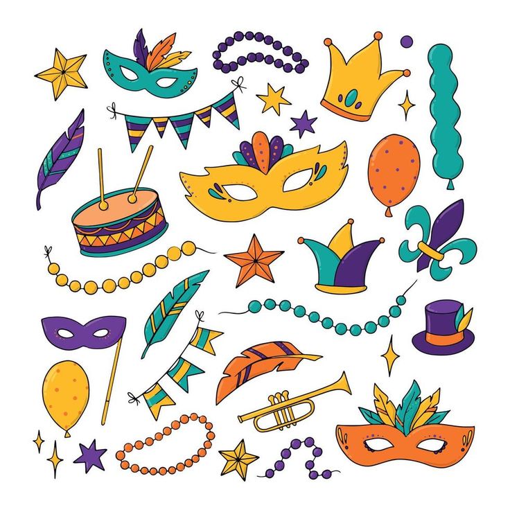 an assortment of mardi gras masks and decorations on a white background with stars