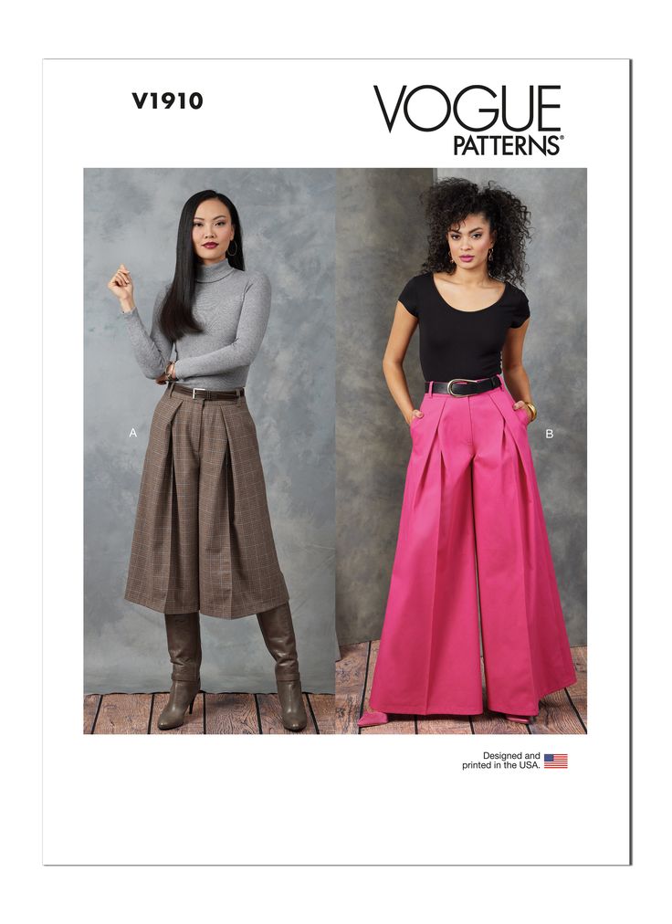 two women's skirts with high waist and wide legs, one in pink and the other in brown