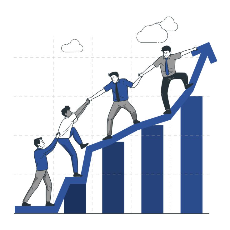 three men are pulling each other up the bar chart with their hands and pulling them together