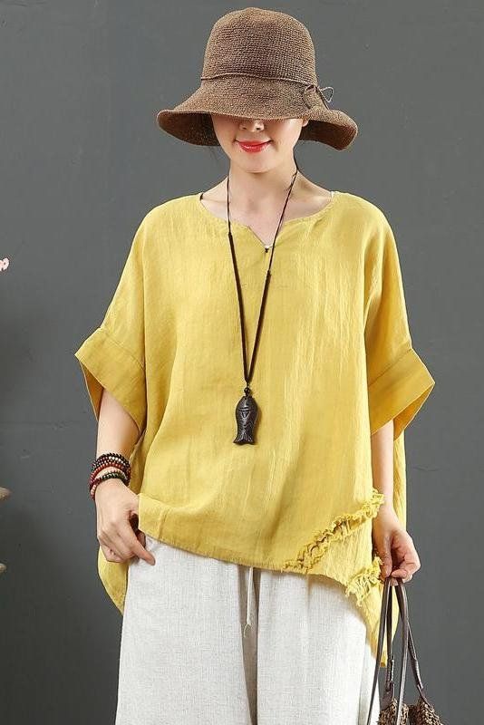 Fabric: Fabric has no stretchSeason: SummerType: BlouseSleeve Length: ShortsleeveColor: Purple .YellowBlouse Length: ShortStyle: CasualMaterial: LinenNeckType: Open neckSilhouette: Loose One Size(Fit S/M/L): S:Bust:146 cm .Waist:152cm .Cuff:39 cm .Length:63-75 cm M:Bust:150 cm .Waist:156 cm .Cuff:40 cm .Length:64-76 cm Solid Color Summer Blouse For Beach, Solid Color Summer Beach Blouse, Yellow Cotton Crew Neck Blouse, Oversized Blouse For Summer, Summer Oversized Solid Color Blouse, Oversized Solid Color Blouse For Summer, Yellow Cotton V-neck Blouse, Yellow Stretch Solid Color Top, Yellow Cotton Blouse With Relaxed Fit