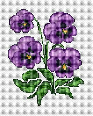 purple flowers with green leaves on a white background cross stitched in the shape of a square