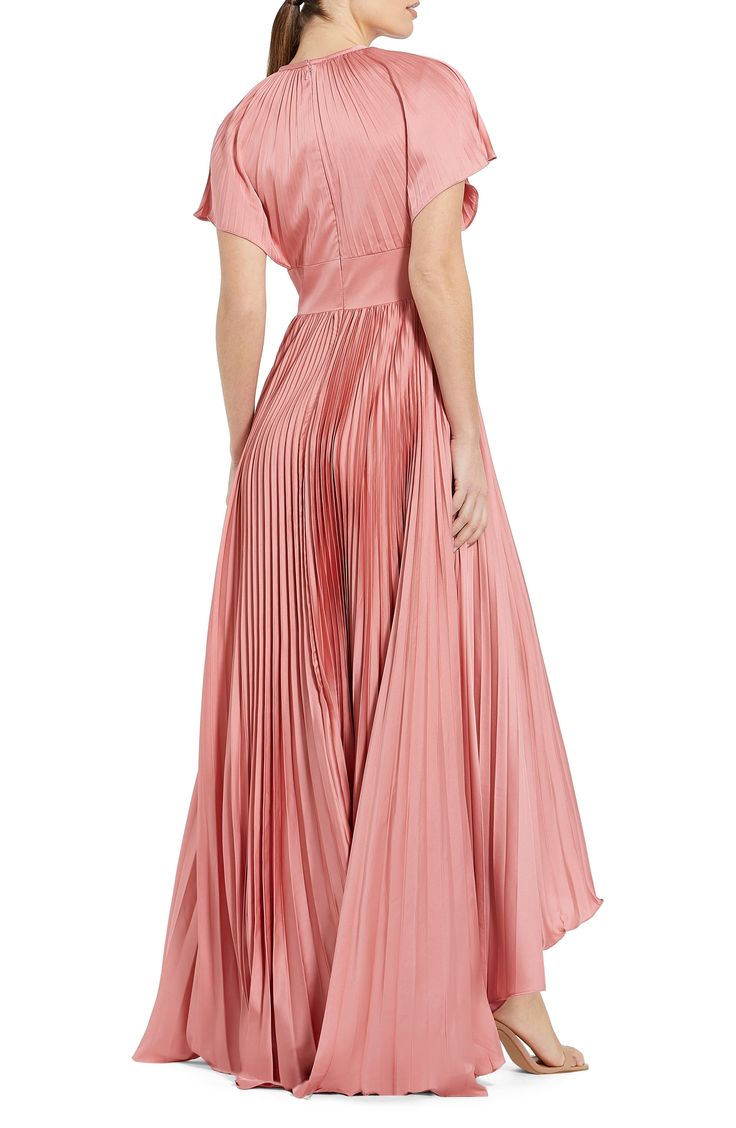 Smooth satin gains texture from the crisp pleats all over this flutter-sleeve gown that has a racy front cutout and a high-low hem. 61" length Back zip closure Jewel neck Short sleeves Lined 100% polyester Spot clean Imported Asian Owned/Founded Pleated Pre-draped Formal Gown, Formal Pre-draped Pleated Gown, Fitted Pink Maxi Dress With Pleated Back, Floor-length Wedding Dresses With Folds, Evening Maxi Dress With Pleated Bodice And Short Sleeves, A-line Gown With Pleated Back, Elegant Pleated Evening Dress For Wedding Guest, Pink Pleated Back Dress For Gala, Floor-length Pleated Dress For Evening With Pleated Back