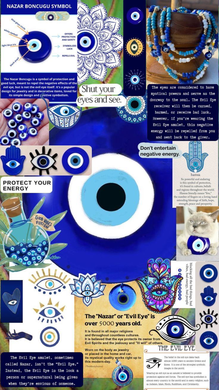 a collage of blue and white images with words on them, including an eye