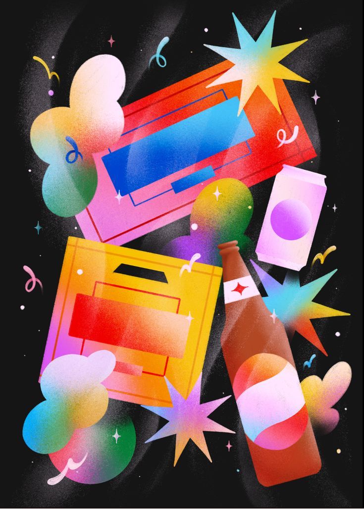 an image of colorful objects floating in the air with stars and confetti around them