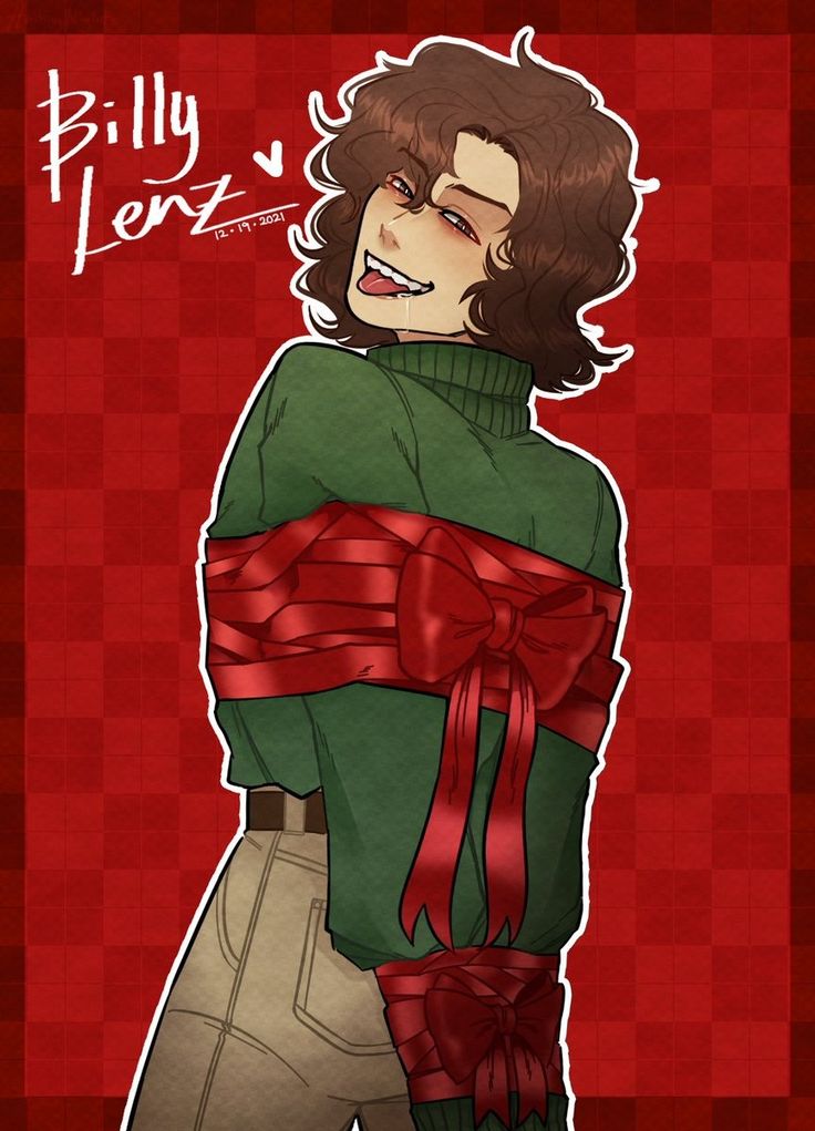 a drawing of a person wearing a green sweater and red bow tie, with the words billy