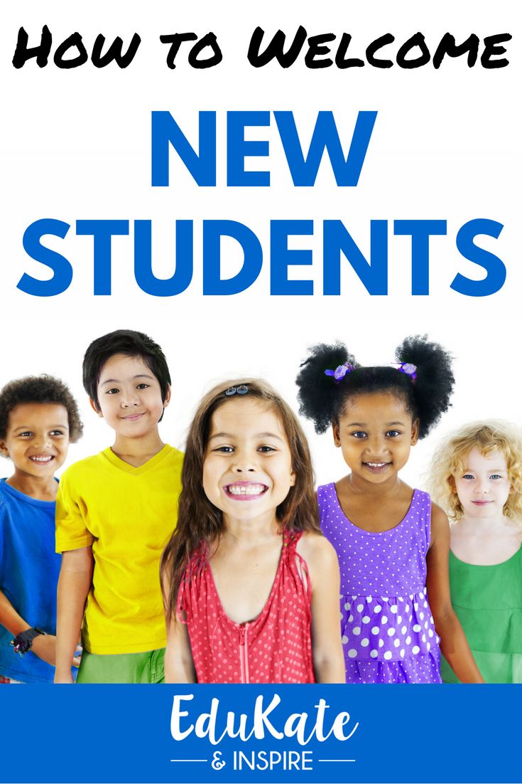 children standing together with the words how to welcome new students in blue and white text