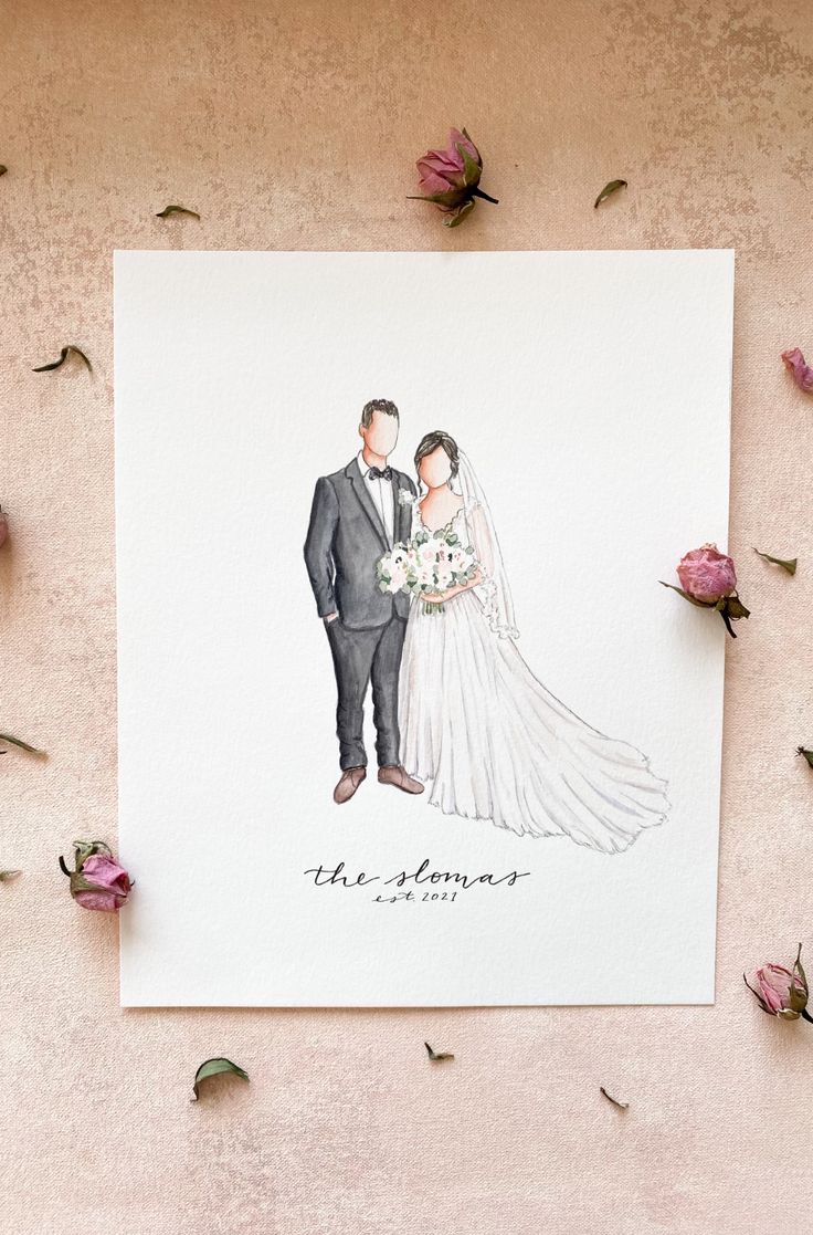 a watercolor painting of a bride and groom on their wedding day with pink flowers