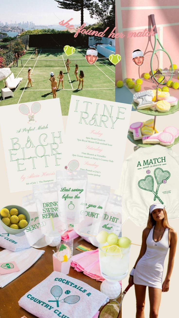 there are pictures of tennis related items on the table