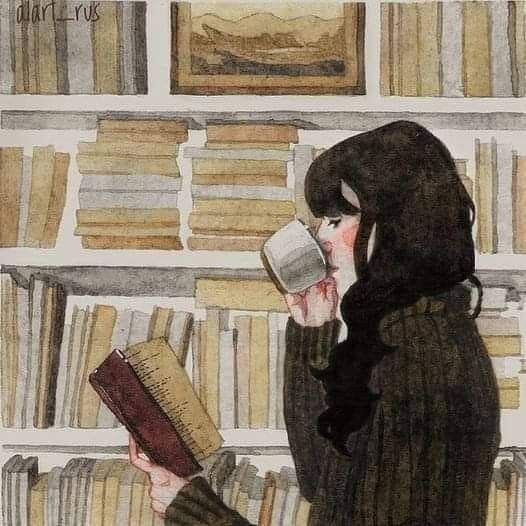 a drawing of a woman drinking from a cup in front of a bookshelf