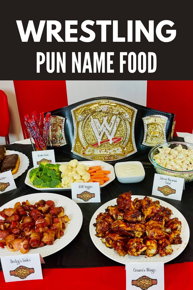 a table topped with plates of food next to a red chair and sign that says wrestling pun name food