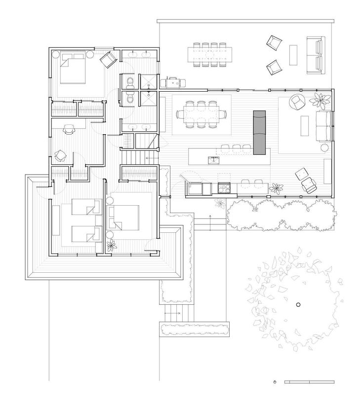 the floor plan for a modern house with two levels and three living areas, including one bedroom