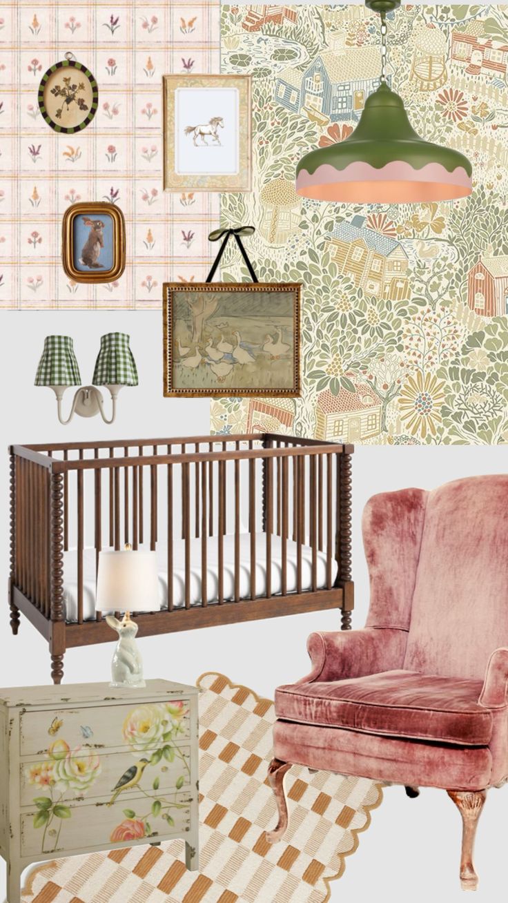 a baby's room with pink furniture and wallpaper