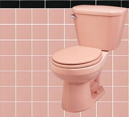 a pink toilet in a tiled bathroom with brown and white tiles on the wall behind it