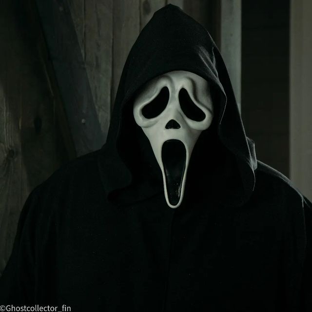 a man in a black hoodie with a scream mask on