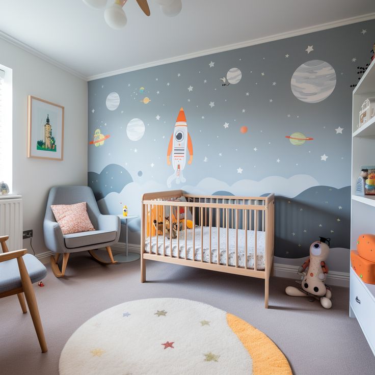 a baby's room with a rocket ship mural on the wall and a crib in the foreground