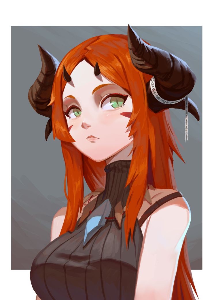 a red haired woman with horns on her head