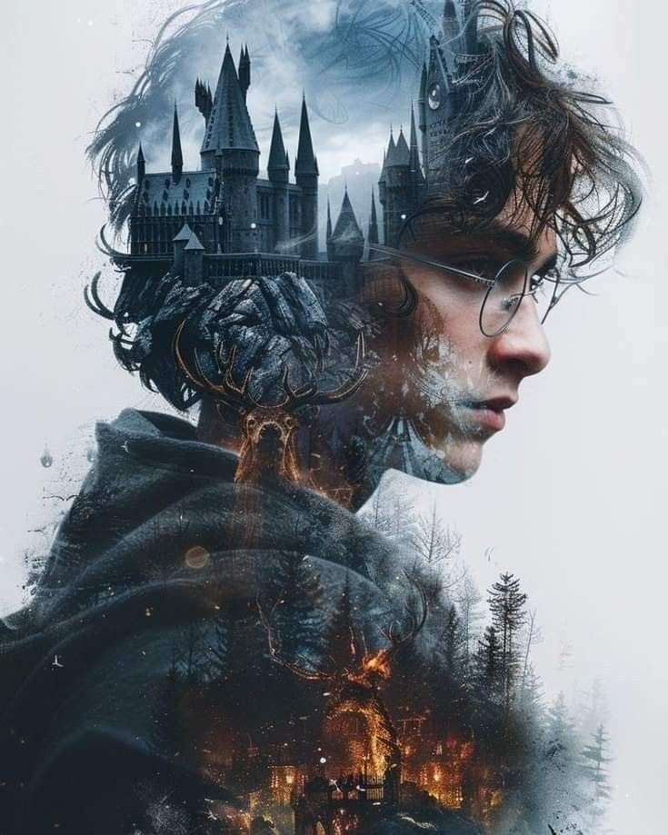 a man with glasses is in front of an image of hogwart's castle