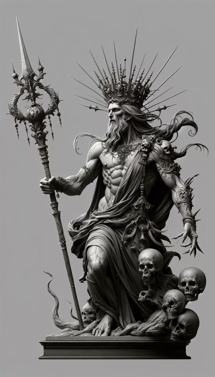 a statue of a man holding a staff with skulls on it