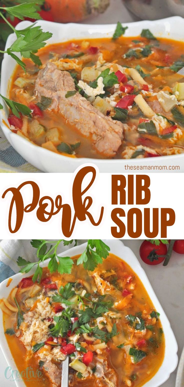 two pictures with different types of soup in them and the words pork rib soup on top