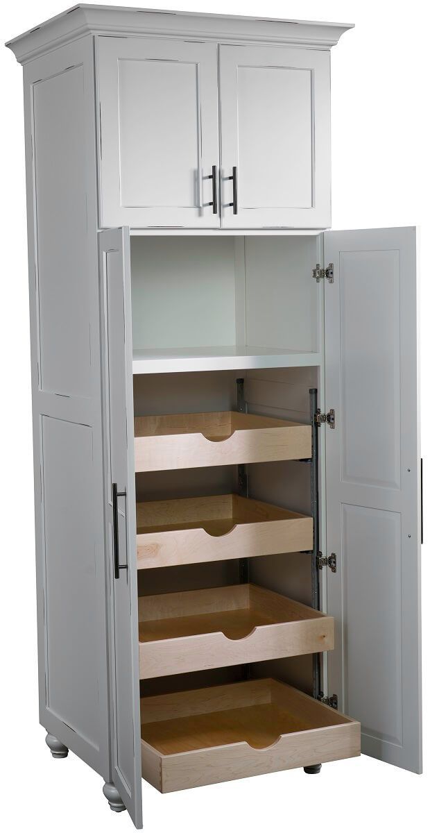 an open cabinet with drawers and shelves in it