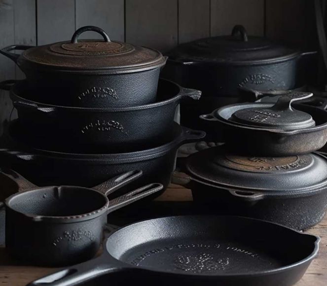 black cast iron pots and pans on a wooden table