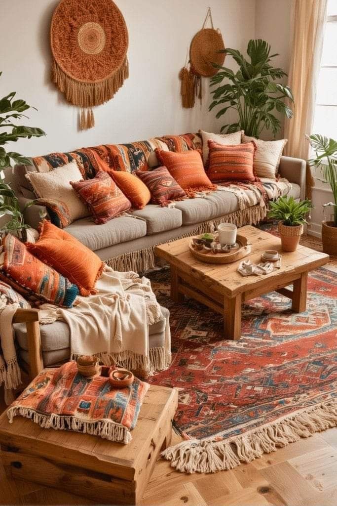 a living room filled with lots of furniture and pillows on top of a wooden floor