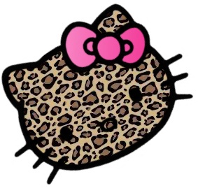 a hello kitty leopard print with a pink bow on it's head and eyes