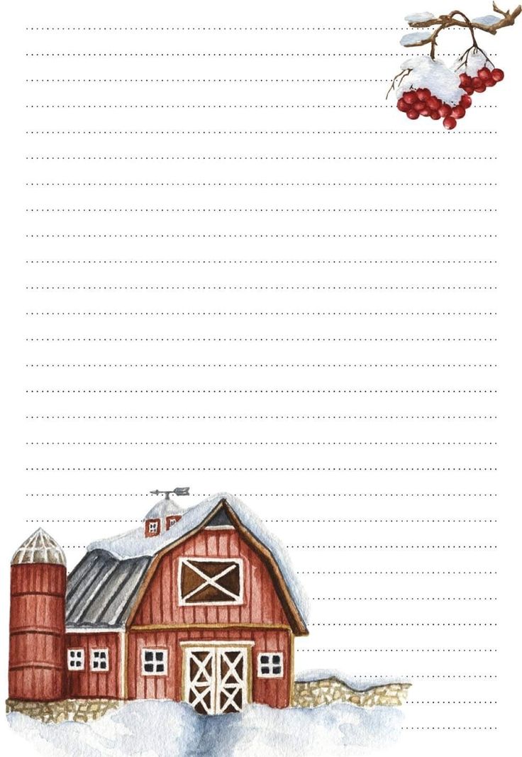 a notepad with a barn and red berries hanging from the tree on top of it