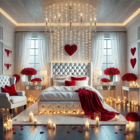 a bedroom decorated in red and white for valentine's day with candles on the floor