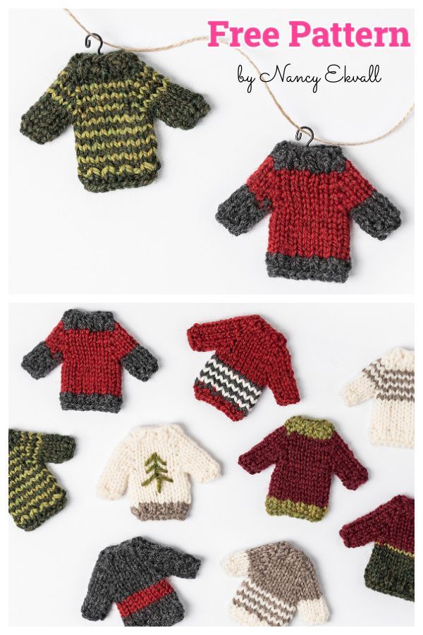 knitted sweaters and mittens are hanging on a string with the words free pattern