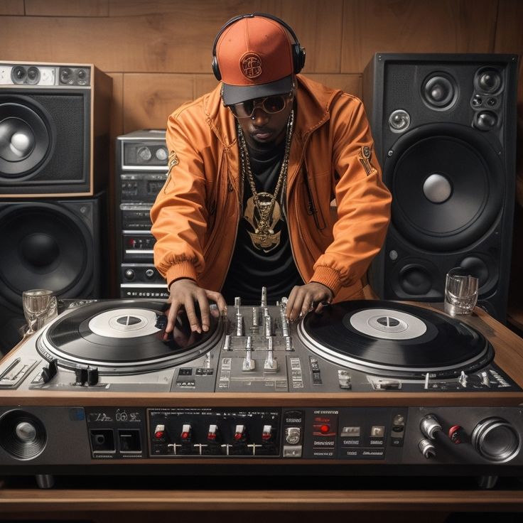 a man in an orange jacket and headphones is playing music on a turntable