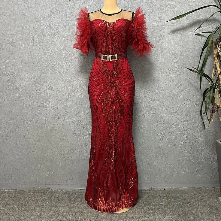 Women-Mermaid-Hem-Sequin-Formal-Dress-Fashion-Ruffles-Sleeves-Patchwork-Mesh-Belt-Celebrate-Night-Cocktail-Event-1 Africa Clothing, Bodycon Maxi Dress, Sequin Formal Dress, Club Outfit, Evening Gowns Elegant, Bodycon Maxi Dresses, African Dresses For Women, Traditional Clothing, Women Clothes